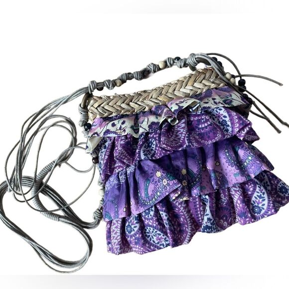 3/$20 Sun n’ Sand Layered Ruffle Purple Floral & Paisley Mini Boho Crossbody Bag - Picture 2 of 16